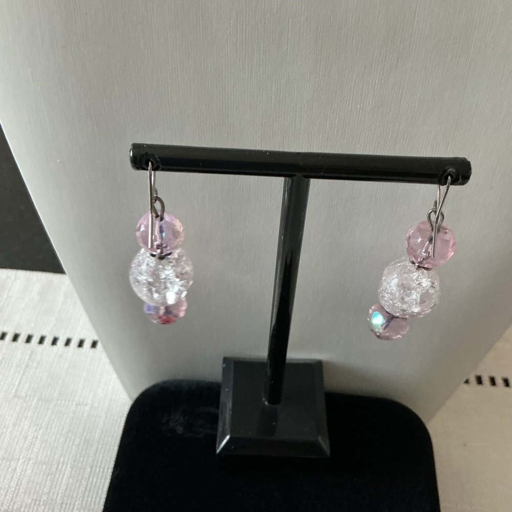 Pink Rhinestone Silver Tone Drop Earrings - Picture 2 of 2
